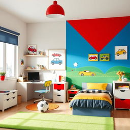 A vibrant children's room designed for a 5-year-old boy who loves cars and soccer