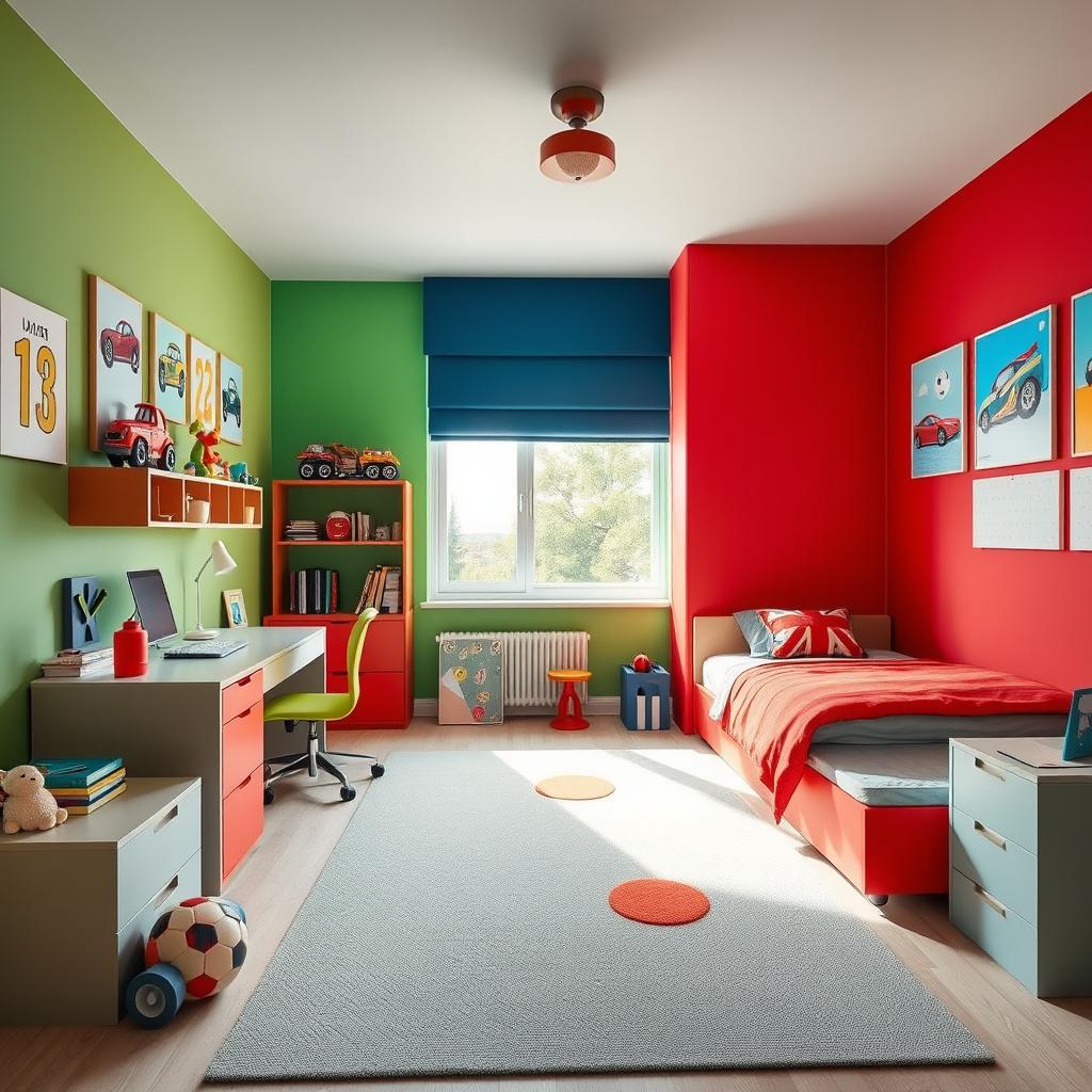 A vibrant children's room designed for a 5-year-old boy who loves cars and soccer