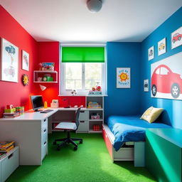 A vibrant children's room designed for a 5-year-old boy who loves cars and soccer