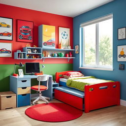 A vibrant children's room designed for a 5-year-old boy who loves cars and soccer