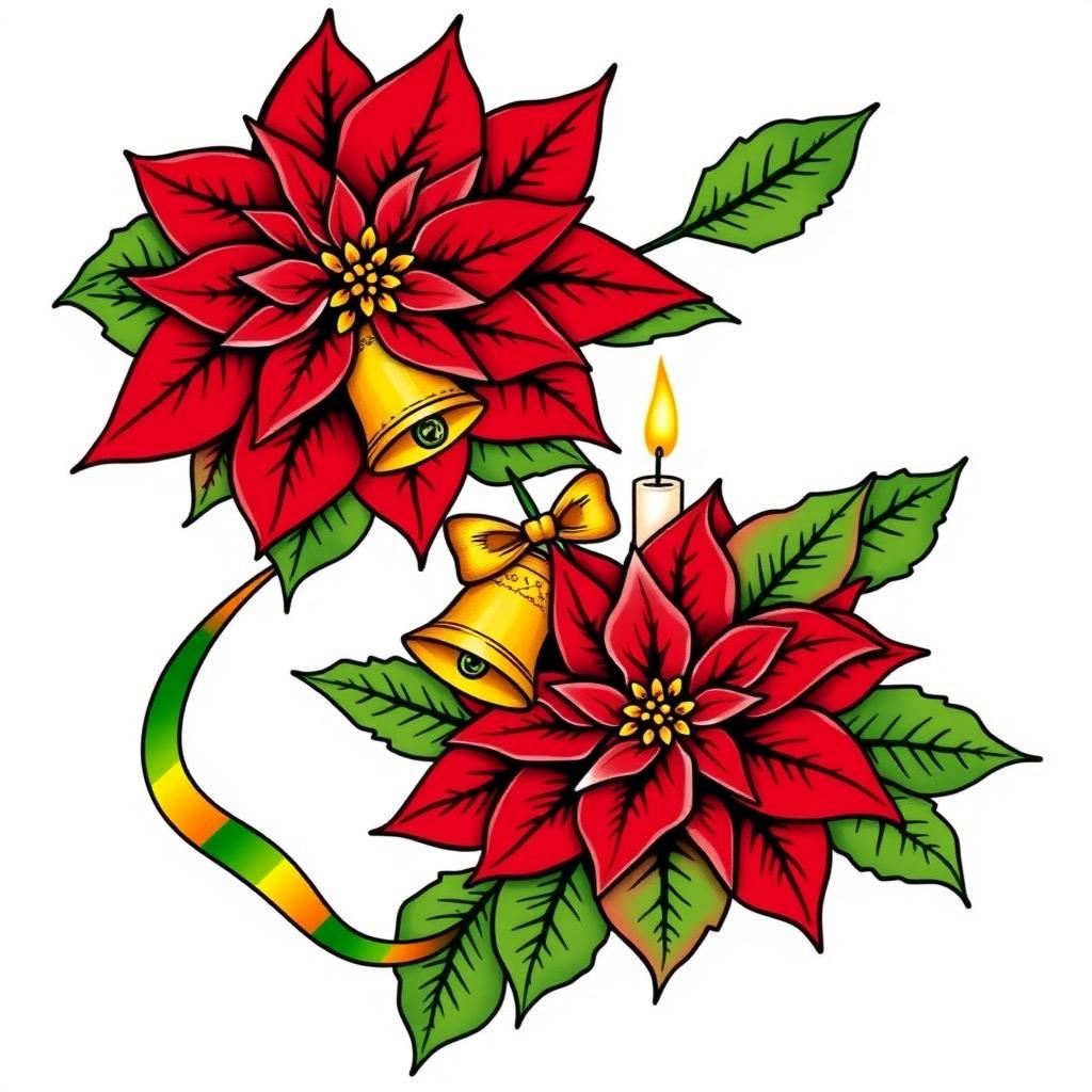 An elegant illustration featuring two beautifully adorned Christmas poinsettias with vivid red petals and lush green leaves, each outlined in striking black contours