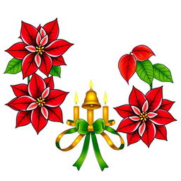 An elegant illustration featuring two beautifully adorned Christmas poinsettias with vivid red petals and lush green leaves, each outlined in striking black contours