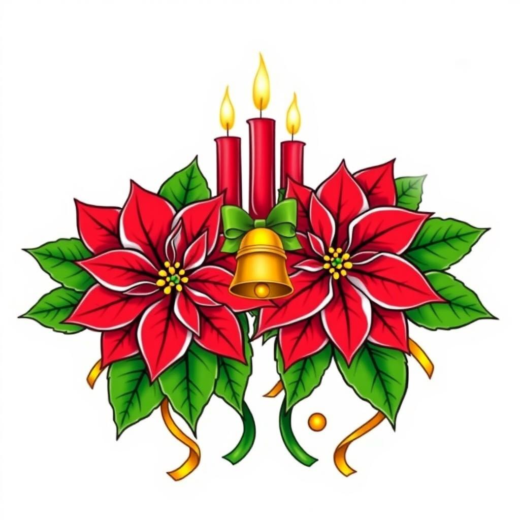 An elegant illustration featuring two beautifully adorned Christmas poinsettias with vivid red petals and lush green leaves, each outlined in striking black contours