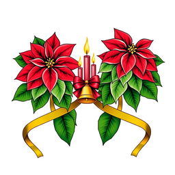 An elegant illustration featuring two beautifully adorned Christmas poinsettias with vivid red petals and lush green leaves, each outlined in striking black contours