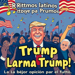 Donald Trump smiling in the center, surrounded by an enthusiastic and diverse crowd of Latino supporters, each displaying visible excitement