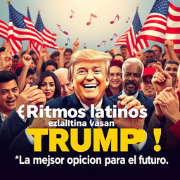 Donald Trump smiling in the center, surrounded by an enthusiastic and diverse crowd of Latino supporters, each displaying visible excitement