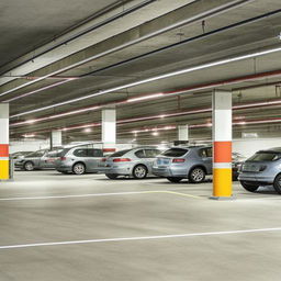 A spacious ground floor parking area of 1800 square feet, filled with neatly arranged cars and well-lit surroundings.