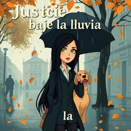 A cartoon-style book cover for a novel titled 'Justicia bajo la lluvia', depicting a criminal lawyer with long black hair down to her waist and green eyes, holding an umbrella as she walks through a rainy Madrid, surrounded by falling autumn leaves and a golden retriever by her side