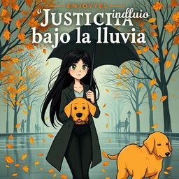 A cartoon-style book cover for a novel titled 'Justicia bajo la lluvia', depicting a criminal lawyer with long black hair down to her waist and green eyes, holding an umbrella as she walks through a rainy Madrid, surrounded by falling autumn leaves and a golden retriever by her side