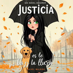 A cartoon-style book cover for a novel titled 'Justicia bajo la lluvia', depicting a criminal lawyer with long black hair down to her waist and green eyes, holding an umbrella as she walks through a rainy Madrid, surrounded by falling autumn leaves and a golden retriever by her side