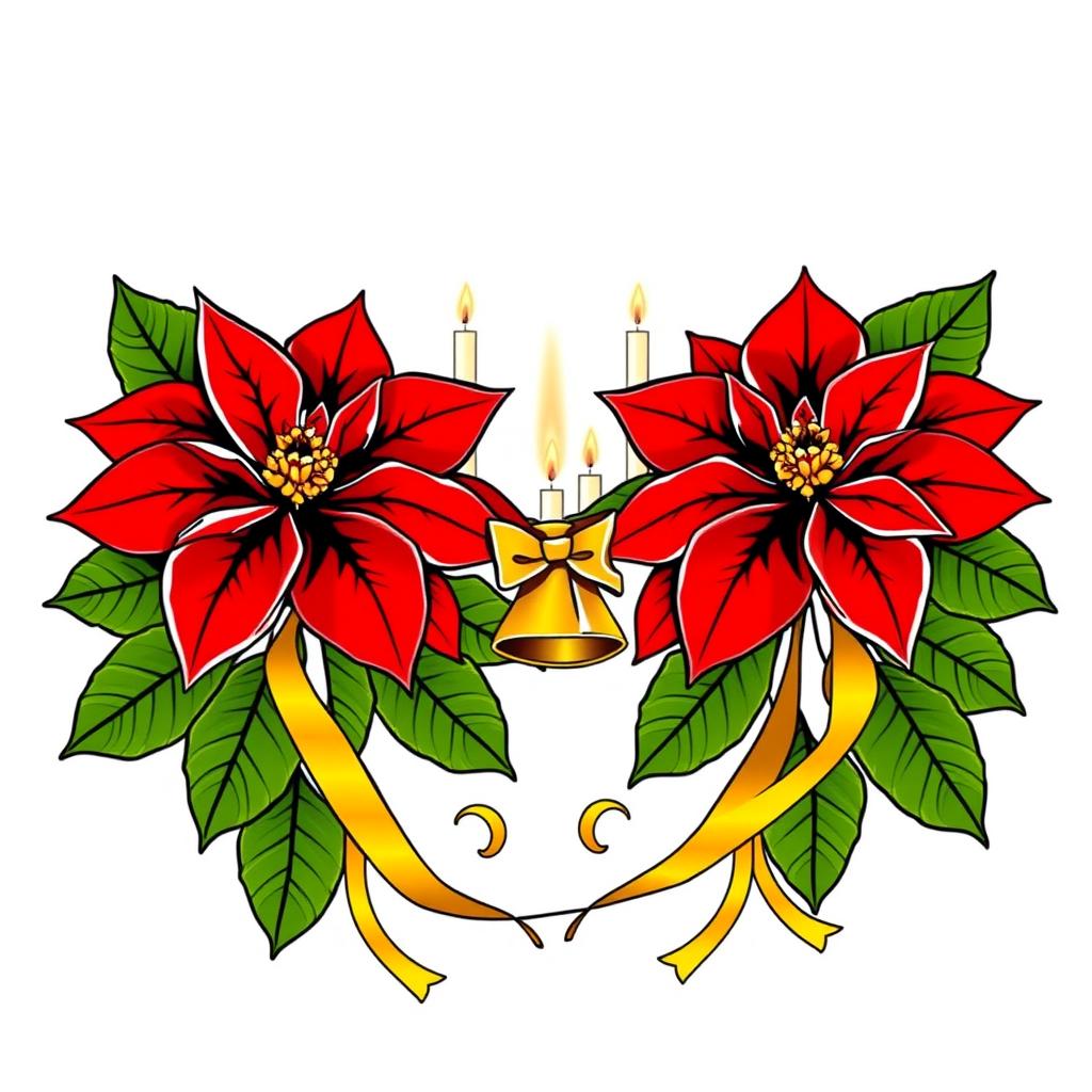 An elegant illustration featuring two beautifully adorned Christmas poinsettias with vibrant red petals and lush green leaves, each outlined in striking black contours