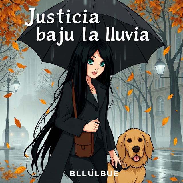 A cartoon-style book cover for a novel titled 'Justicia bajo la lluvia', depicting a criminal lawyer with long black hair down to her waist and green eyes, holding an umbrella as she walks through a rainy Madrid, surrounded by falling autumn leaves and a golden retriever by her side