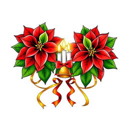 An elegant illustration featuring two beautifully adorned Christmas poinsettias with vibrant red petals and lush green leaves, each outlined in striking black contours