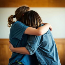 Two friends warmly embracing each other, with their faces not visible