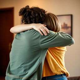 Two friends warmly embracing each other, with their faces not visible