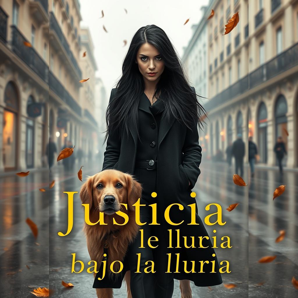 A realistic book cover for the novel 'Justicia bajo la lluvia', featuring a criminal lawyer with long black hair down to her waist and striking green eyes, walking through the rainy streets of central Madrid in autumn