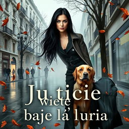 A realistic book cover for the novel 'Justicia bajo la lluvia', featuring a criminal lawyer with long black hair down to her waist and striking green eyes, walking through the rainy streets of central Madrid in autumn