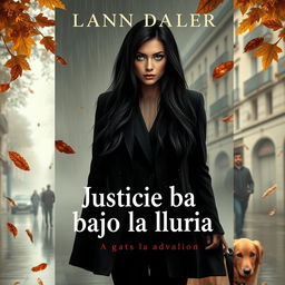 A realistic book cover for the novel 'Justicia bajo la lluvia', featuring a criminal lawyer with long black hair down to her waist and striking green eyes, walking through the rainy streets of central Madrid in autumn