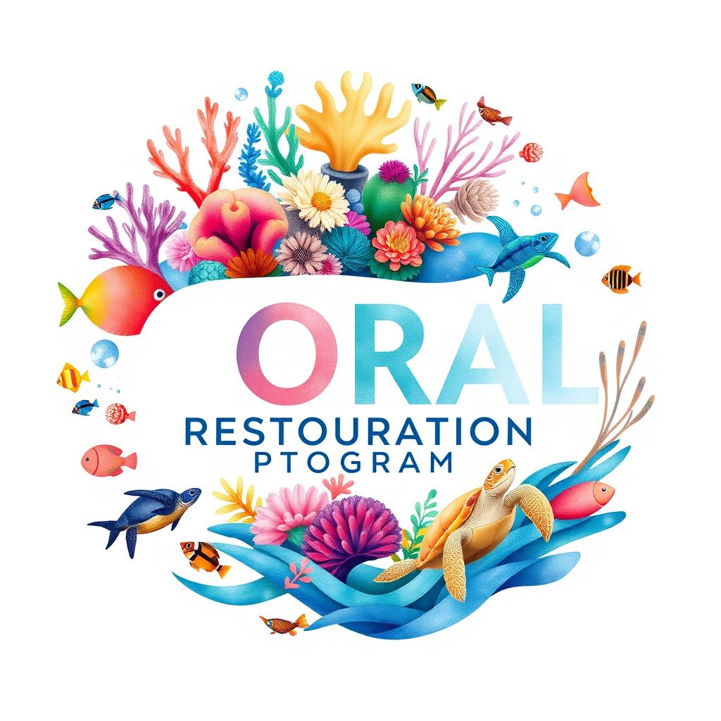 An innovative and eye-catching logo for the Maldives Coral Restoration Program, featuring vibrant illustrations of diverse corals, colorful fish, and playful turtles