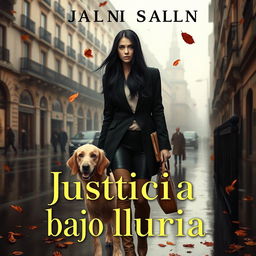 A realistic book cover for the novel 'Justicia bajo la lluvia', featuring a criminal lawyer with long black hair down to her waist and striking green eyes, walking through the rainy streets of central Madrid in autumn