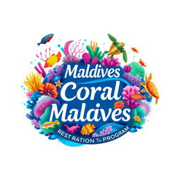 An innovative and eye-catching logo for the Maldives Coral Restoration Program, featuring vibrant illustrations of diverse corals, colorful fish, and playful turtles