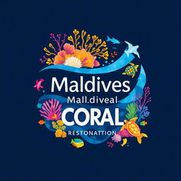 An innovative and eye-catching logo for the Maldives Coral Restoration Program, featuring vibrant illustrations of diverse corals, colorful fish, and playful turtles