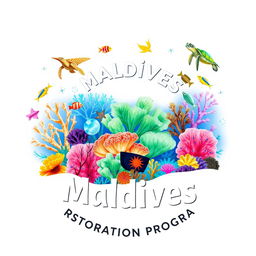 An innovative and eye-catching logo for the Maldives Coral Restoration Program, featuring vibrant illustrations of diverse corals, colorful fish, and playful turtles