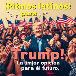 Donald Trump smiling in the center, surrounded by an enthusiastic and diverse crowd of Latino supporters, each displaying visible excitement