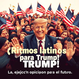 Donald Trump smiling in the center, surrounded by an enthusiastic and diverse crowd of Latino supporters, each displaying visible excitement