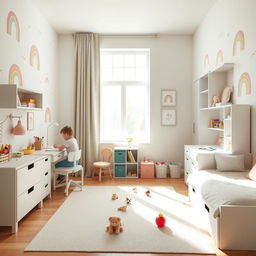 A shared children's room designed for a 7-year-old girl who loves art, rainbows, and flowers, and a 5-year-old boy who enjoys cars and soccer