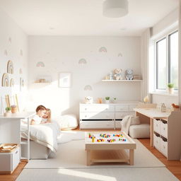 A shared children's room designed for a 7-year-old girl who loves art, rainbows, and flowers, and a 5-year-old boy who enjoys cars and soccer