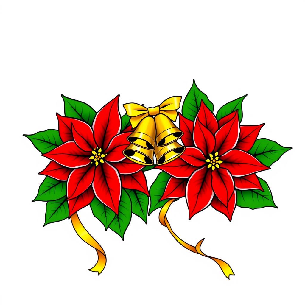 An elegant illustration featuring two beautifully adorned Christmas poinsettias with vivid red petals and lush green leaves, each outlined in striking black contours