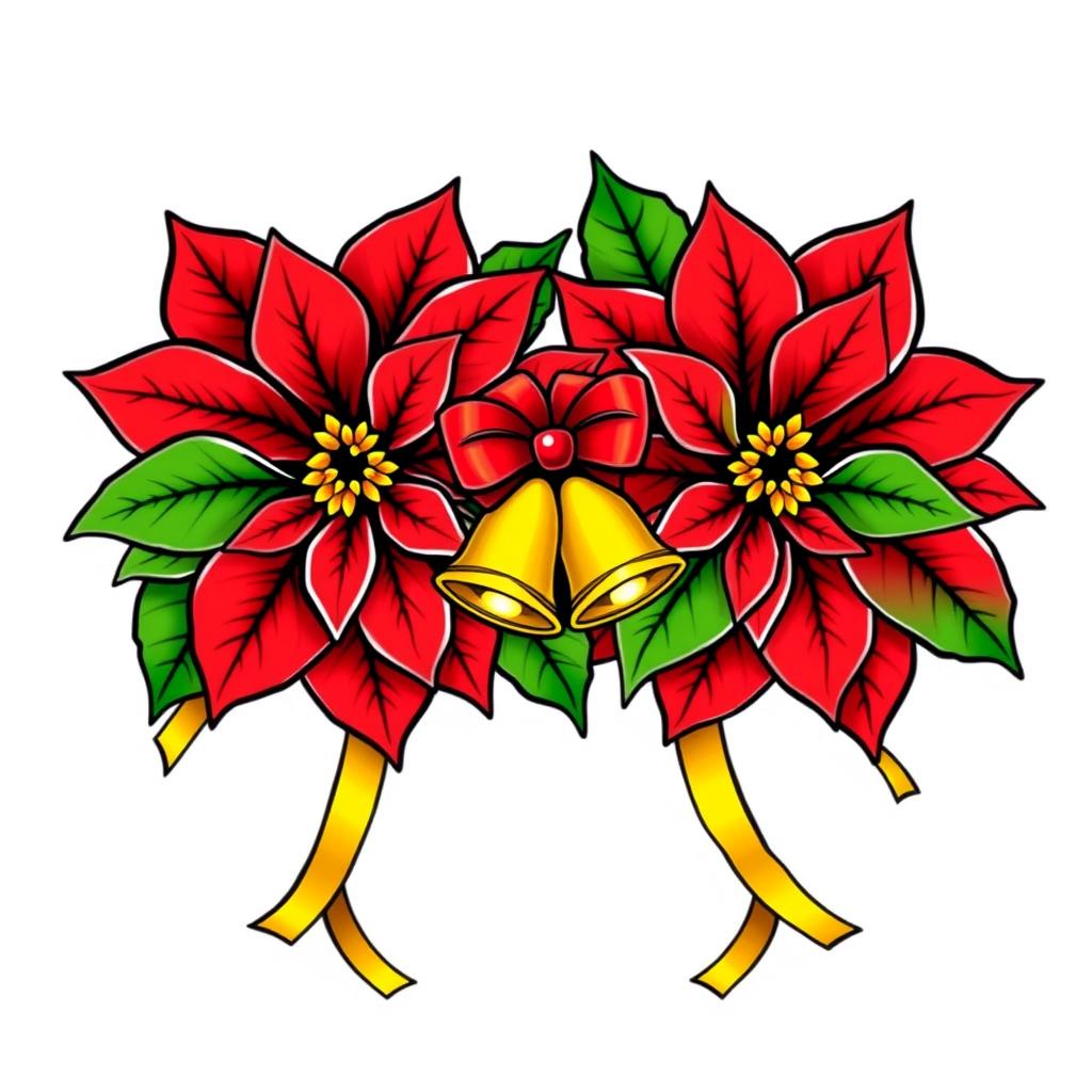 An elegant illustration featuring two beautifully adorned Christmas poinsettias with vivid red petals and lush green leaves, each outlined in striking black contours