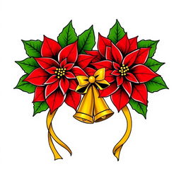 An elegant illustration featuring two beautifully adorned Christmas poinsettias with vivid red petals and lush green leaves, each outlined in striking black contours