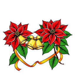 An elegant illustration featuring two beautifully adorned Christmas poinsettias with vivid red petals and lush green leaves, each outlined in striking black contours