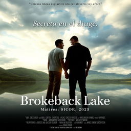 A movie poster inspired by 'Brokeback Mountain', titled 'Brokeback Lake', with the Spanish title 'Secreto en el Dique' prominently displayed