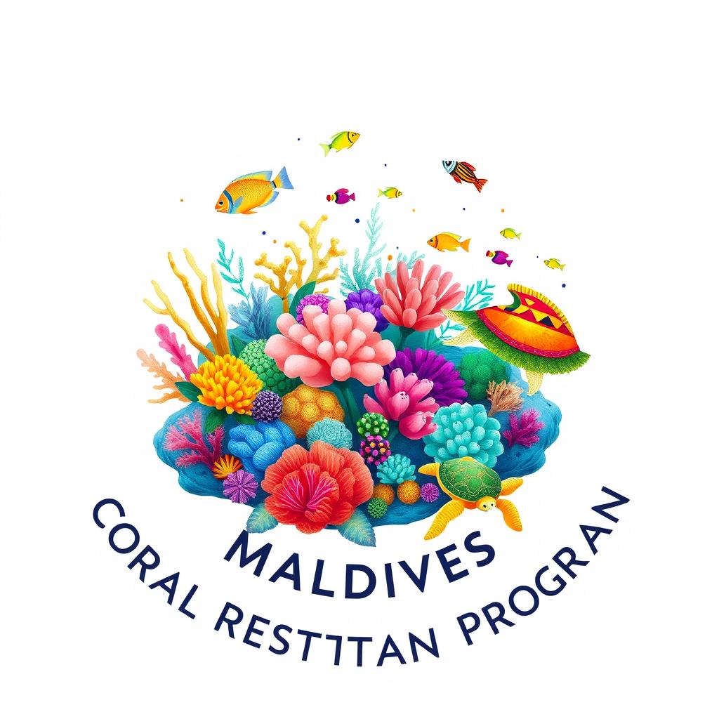 An innovative and eye-catching logo for the Maldives Coral Restoration Program, featuring vibrant illustrations of diverse corals, colorful fish, and playful turtles