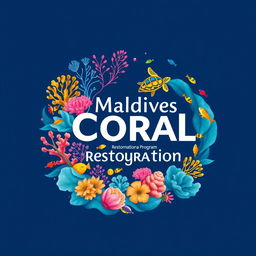 An innovative and eye-catching logo for the Maldives Coral Restoration Program, featuring vibrant illustrations of diverse corals, colorful fish, and playful turtles