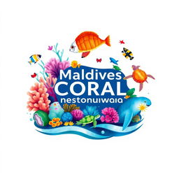 An innovative and eye-catching logo for the Maldives Coral Restoration Program, featuring vibrant illustrations of diverse corals, colorful fish, and playful turtles