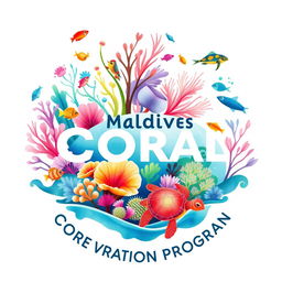 An innovative and eye-catching logo for the Maldives Coral Restoration Program, featuring vibrant illustrations of diverse corals, colorful fish, and playful turtles