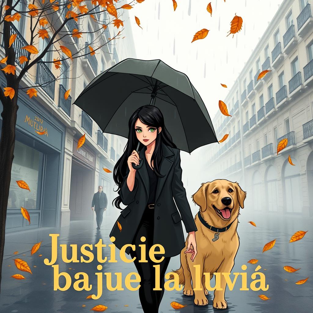 A hybrid-style book cover for 'Justicia bajo la lluvia', combining realism and cartoon elements