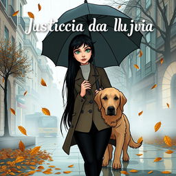 A hybrid-style book cover for 'Justicia bajo la lluvia', combining realism and cartoon elements