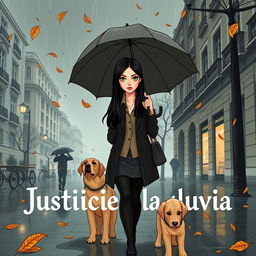 A hybrid-style book cover for 'Justicia bajo la lluvia', combining realism and cartoon elements