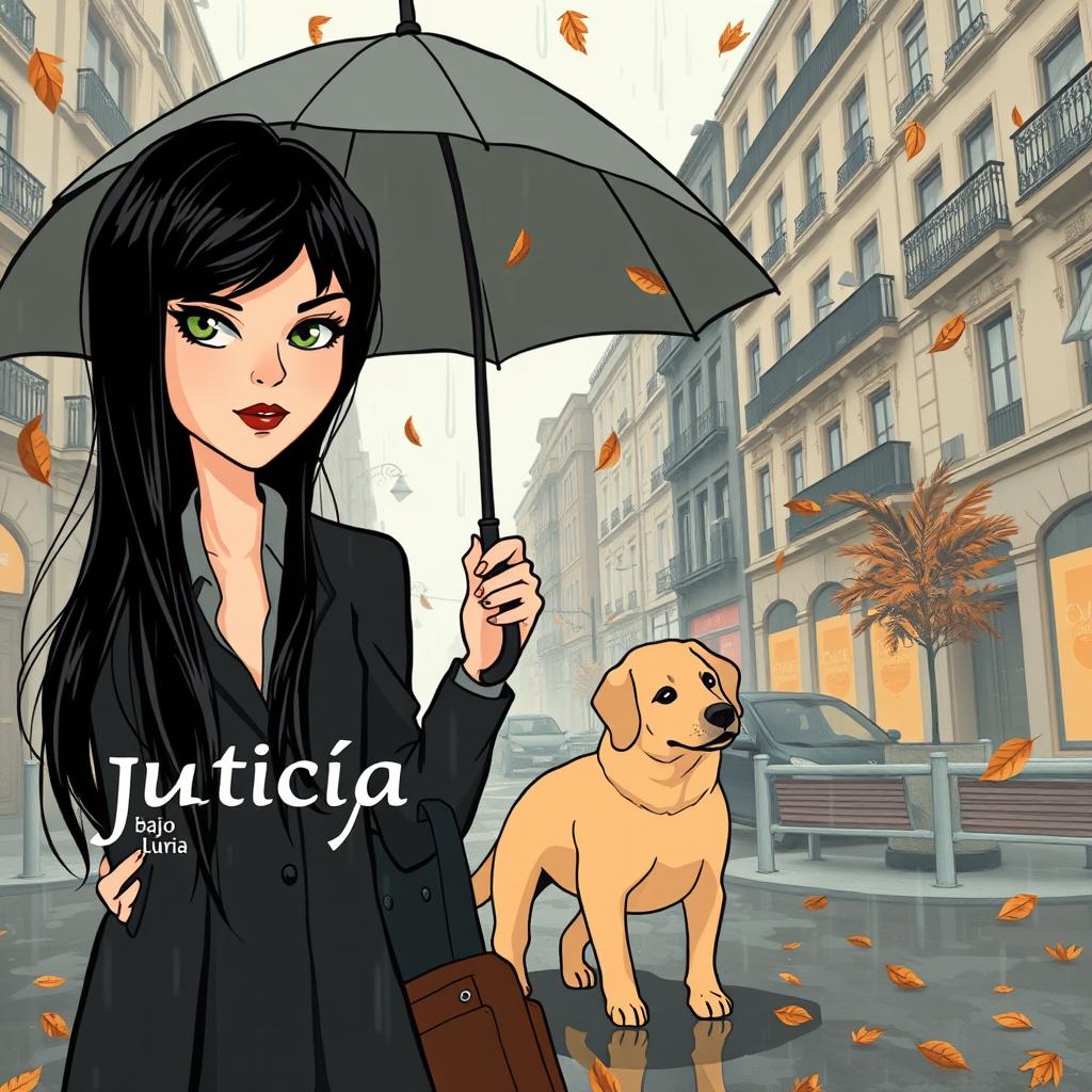 A hybrid-style book cover for 'Justicia bajo la lluvia', combining realism and cartoon elements