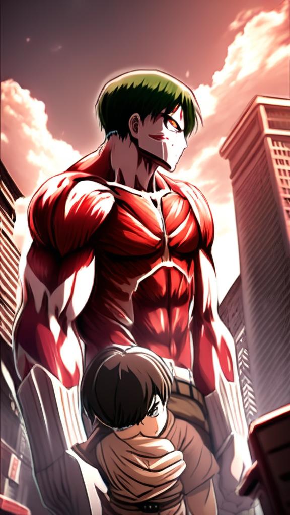 Anime-style profile picture featuring a colossal titan from 'Attack on Titan' holding a man sandwich against a backdrop of a war-torn cityscape.