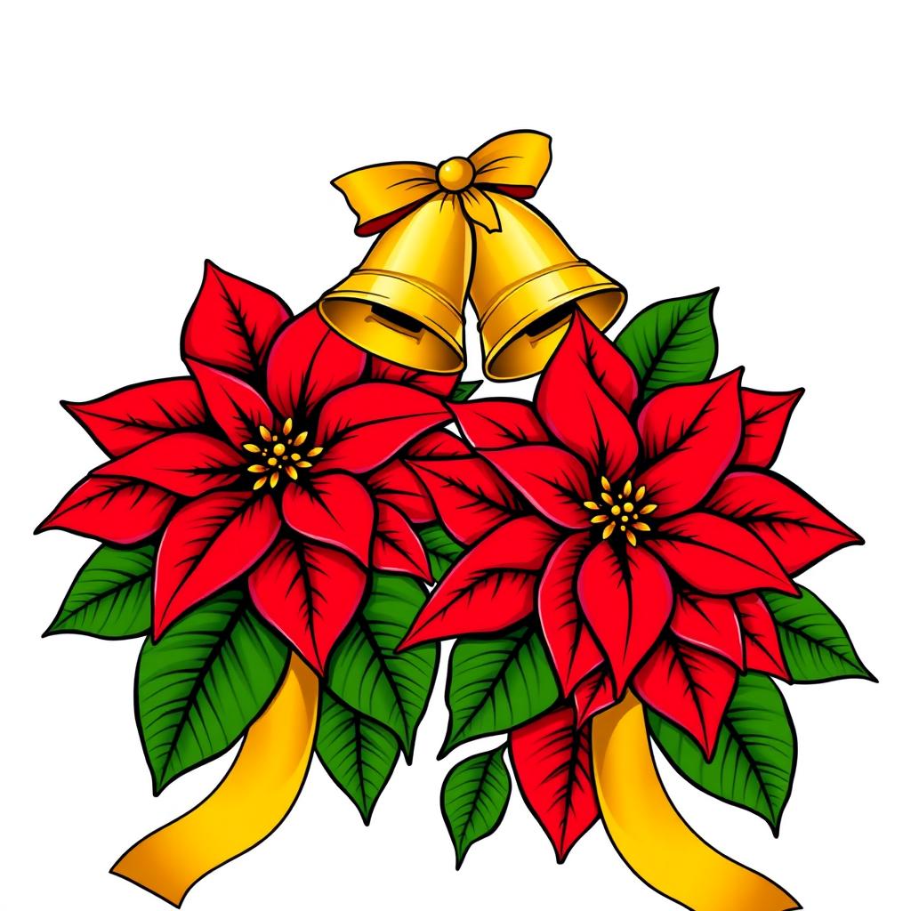 An elegant illustration featuring two beautifully adorned Christmas poinsettias with vivid red petals and lush green leaves, each outlined in striking black contours