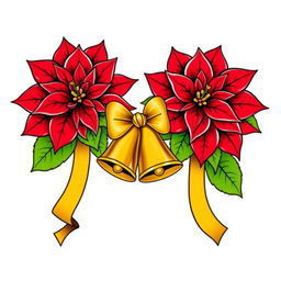 An elegant illustration featuring two beautifully adorned Christmas poinsettias with vivid red petals and lush green leaves, each outlined in striking black contours