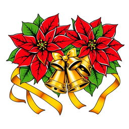 An elegant illustration featuring two beautifully adorned Christmas poinsettias with vivid red petals and lush green leaves, each outlined in striking black contours