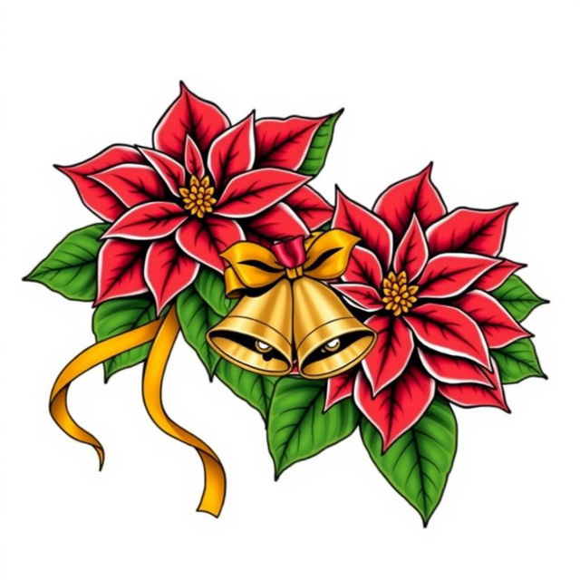 An elegant illustration featuring two beautifully adorned Christmas poinsettias with vivid red petals and lush green leaves, each outlined in striking black contours