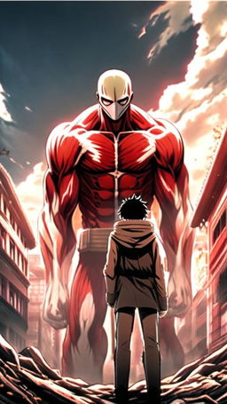 Anime-style profile picture featuring a colossal titan from 'Attack on Titan' holding a man sandwich against a backdrop of a war-torn cityscape.